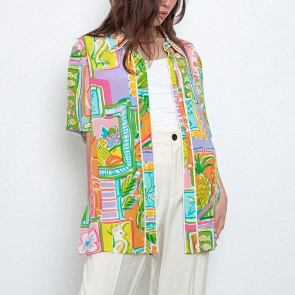 Bob Mackie Wearable Art Silk Open Front Kimono Top Cats Monkeys Fruit Fish sz S - Picture 2 of 16